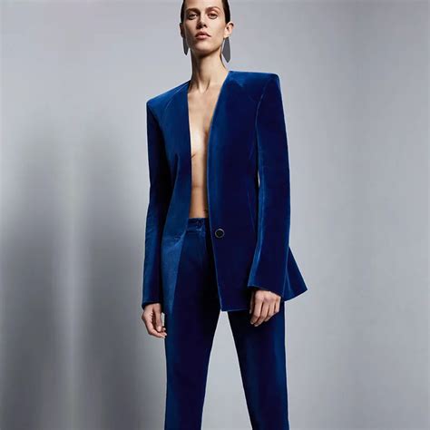 Royal Blue Velvet Jacketpants Formal Elegant Pants Suit Womens