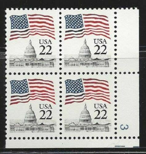 Us Stamps 22 Cent Flag Over Capital Bldg Plate Block Of 4 Scott 2114