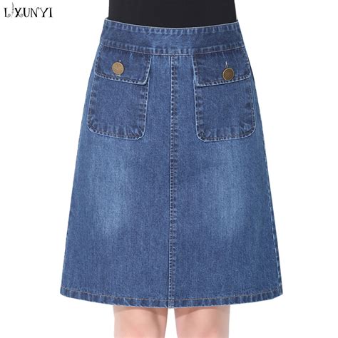 Lxunyi Knee Length Denim Skirt Women Summer New A Line Slim High Waist