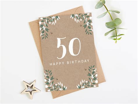 50th Birthday Card Botanical Kraft By Normaanddorothy