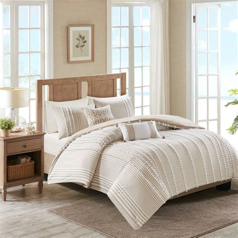 3pc Oversized Taupe And White Textured Stripe Comforter And Decorative