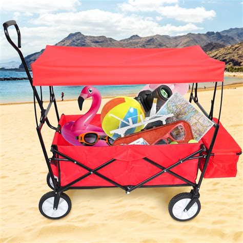 Beach Wagon For Sand With Canopy Heavy Duty Collapsible Utility Wagon