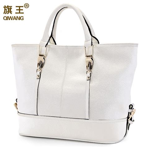 Qiwang Large White Handbag Women Bag Luxury Brand Genuine Leather Tote
