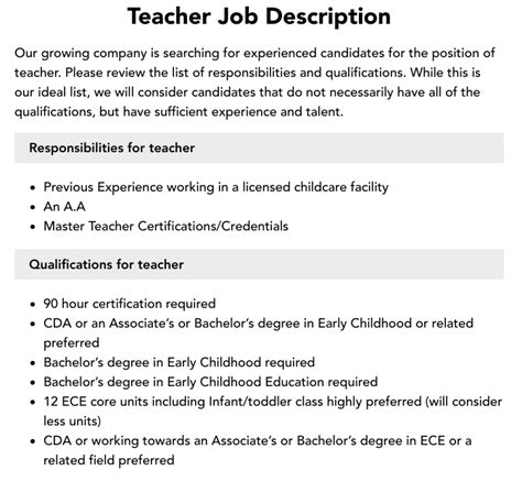 Teacher Job Description Velvet Jobs