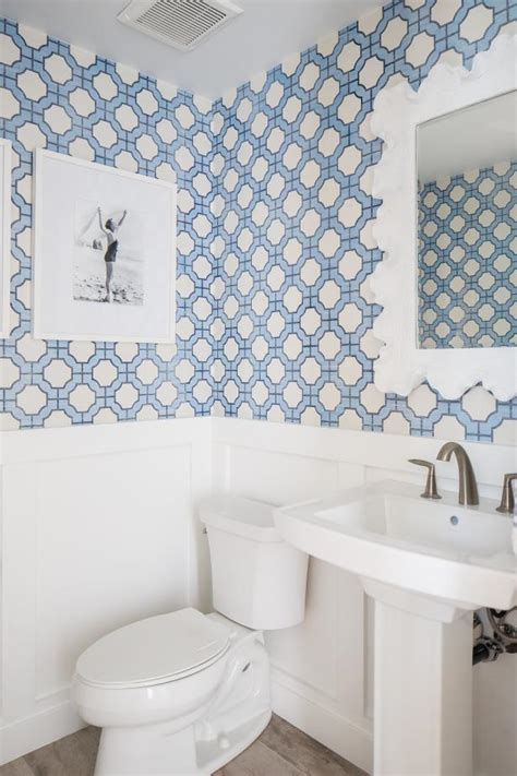 Contemporary Blue And White Bathroom With Printed Wallpaper And Pedestal Sink Hgtv