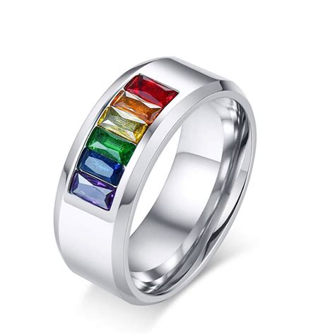 Stainless Steel Rainbow Cubic Zirconia Gay Pride Wedding Band Rings Jewelry Lovers Couple