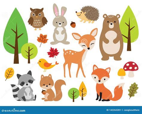 Cute Woodland Forest Animal Vector Illustration Set Stock Vector