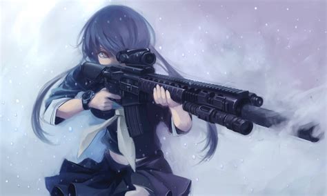 Wallpaper Gun Long Hair Anime Girls Blue Hair Weapon Soldier
