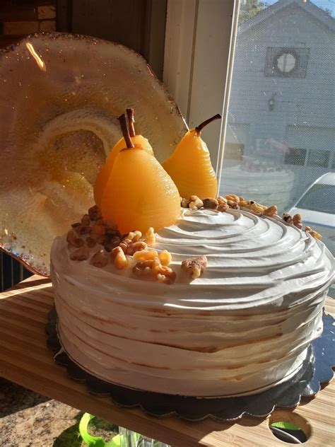Pear And Walnut Cake With Toasted Honey Meringue Frosting And Poached