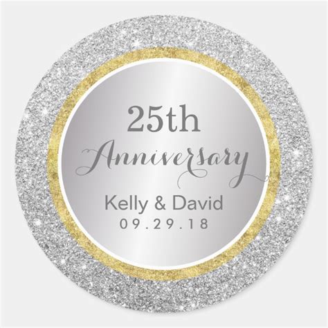25th Wedding Anniversary Modern Silver Glitter Classic Round Sticker