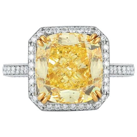 612 Carat Fancy Intense Yellow Cushion Cut Diamond Ring For Sale At
