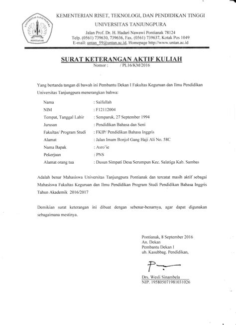 Contoh Surat Keterangan Aktif Kuliah Universitas Tanjungpura Pontianak