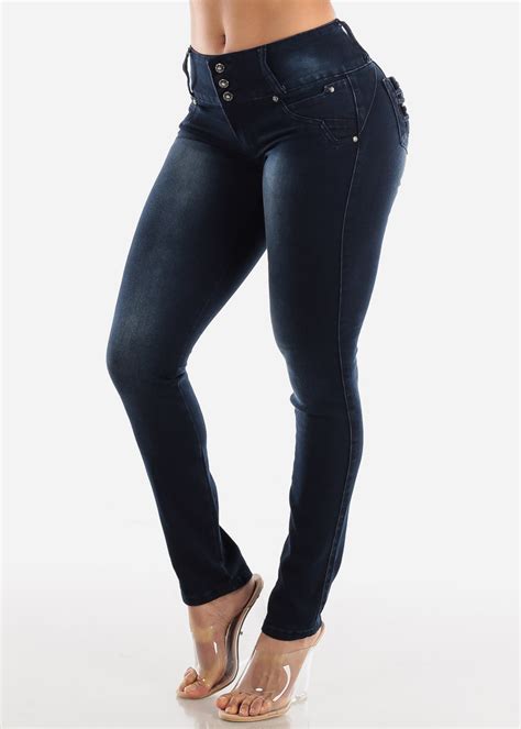 moda xpress womens skinny jeans butt lifting mid rise back pocket design dark wash skinny