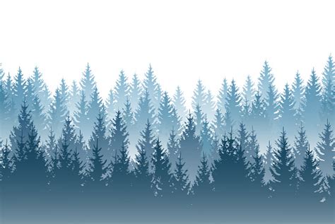 Vector Misty Forest Landscape With Detailed Blue Silhouettes Of