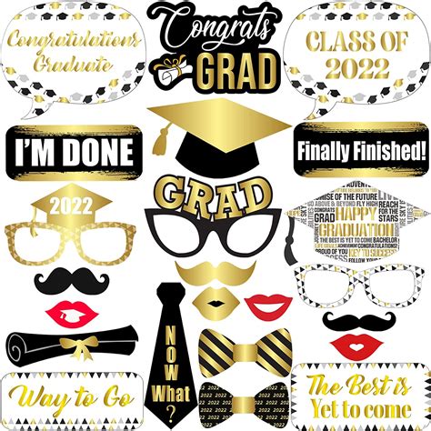 Buy Shiny Graduation Photo Booth Props 2022 Pack Of 23 Black And Gold Graduation