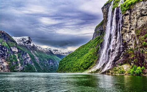 Download Wallpapers Norway 4k Fjord Waterfall Mountains Europe Norwegian Nature Hdr
