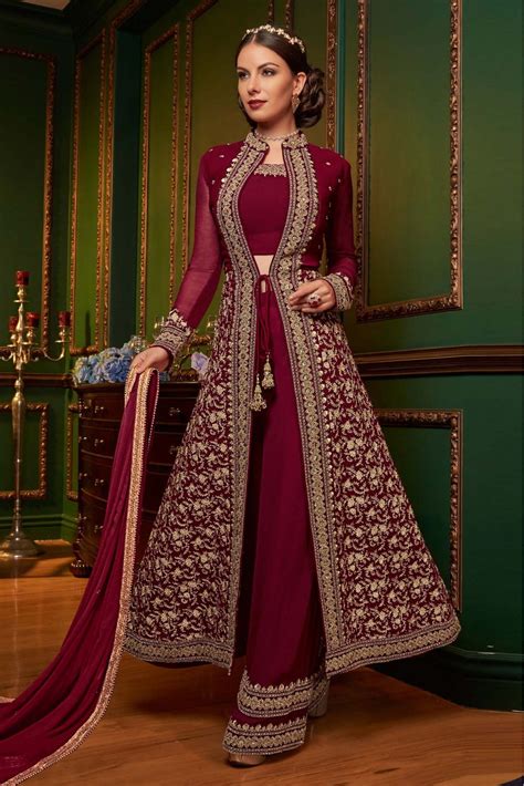 Faux Georgette Palazzo Pant Suit In Maroon Colour In 2021 Fashion Embroidered Dress