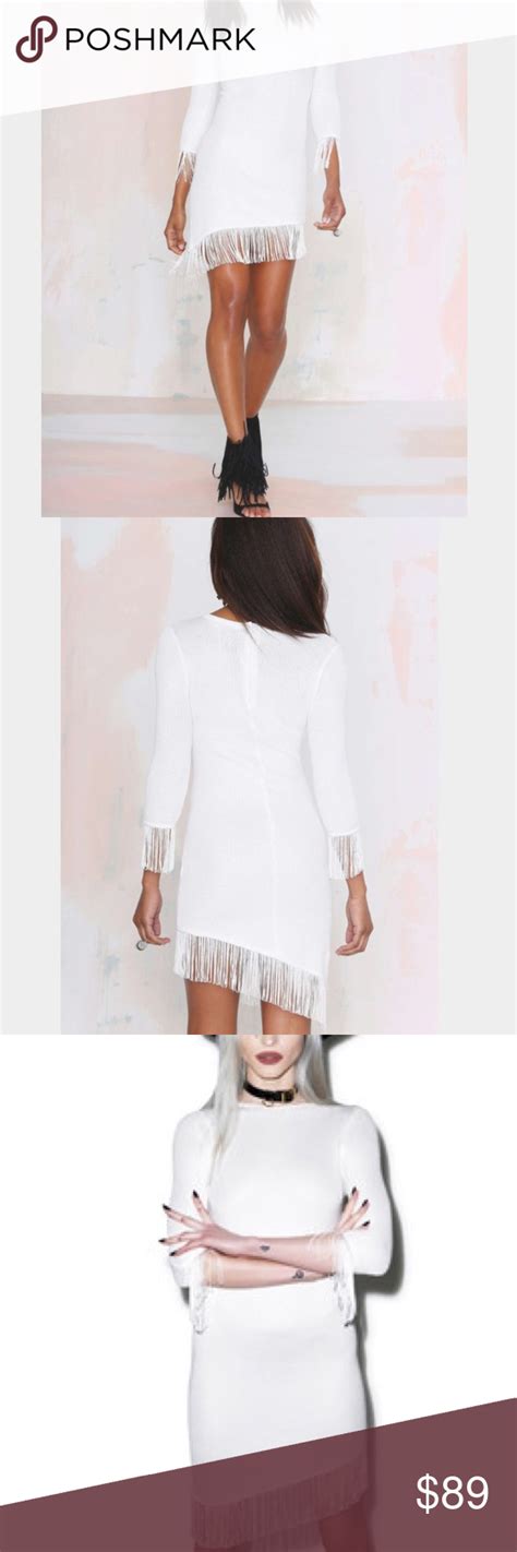 White fringe dress with sleeves. UNIF Stevie Asymmetrical Hem White Fringe Dress new with ...