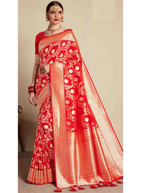 Buy Art Banarasi Silk Red Designer Traditional Saree Online