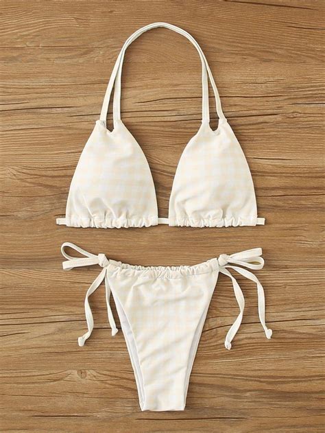White Double Strap Halter Top Swimsuit With Tie Side Bikini Bottom