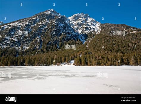 Dobbiaco Lake In Winter Pusteria Valley Trentino Alto Adige Italy