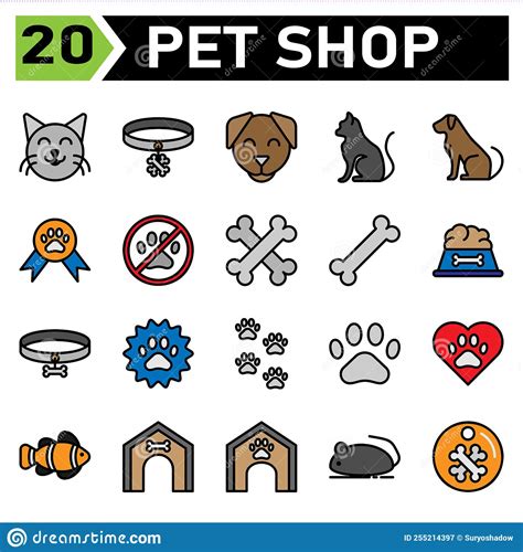 Pet Shop Icon Set Include Cat Pet Animal Emoticon Face Collar Dog