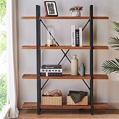 Hsh 4 Tier Natural Real Wood Bookshelf 4 Shelf Rustic Solid Wooden And