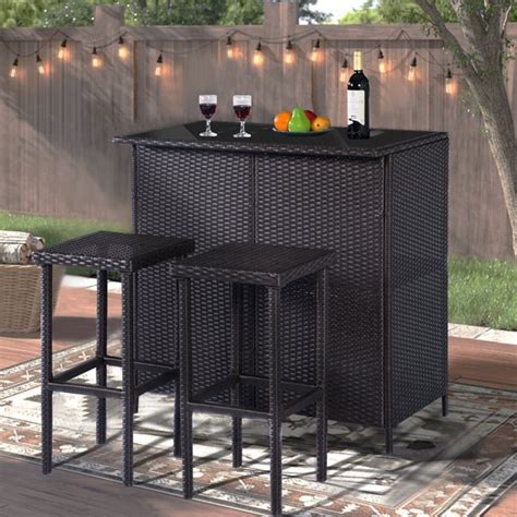 Mcombo 3pcs Black Wicker Bar Set Outdoor Bar Table And 2 Stools Steel