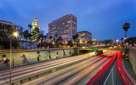 Downtown Financial District Of Los Angeles City And Busy Freeway At