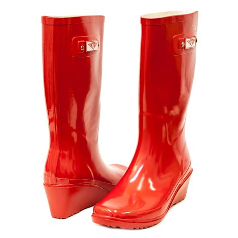 Forever Young Women Red Rubber Rain Boots Wedge Heel Design W Cotton Lining
