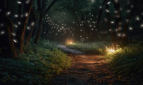 Glowing Fireflies Create Fairy Tale Forest Path Creating Using