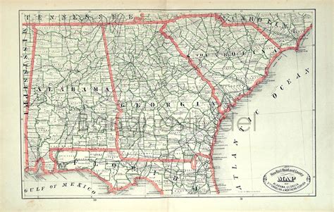 1883 Antique Railroad And County Map Of Alabama Georgia