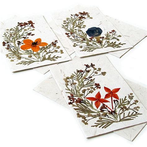 Green Stationary Three Handmade Pressed Flower Greeting Cards With