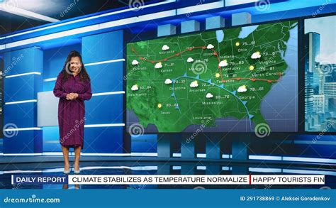tv weather forecast program professional television host reviewing weather report in newsroom