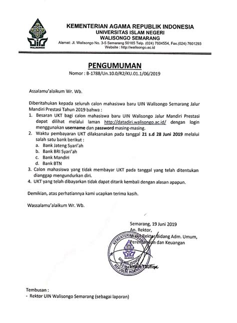 Pengumuman Besaran Ukt Calon Mahasiswa Baru Uin Walisongo Semarang
