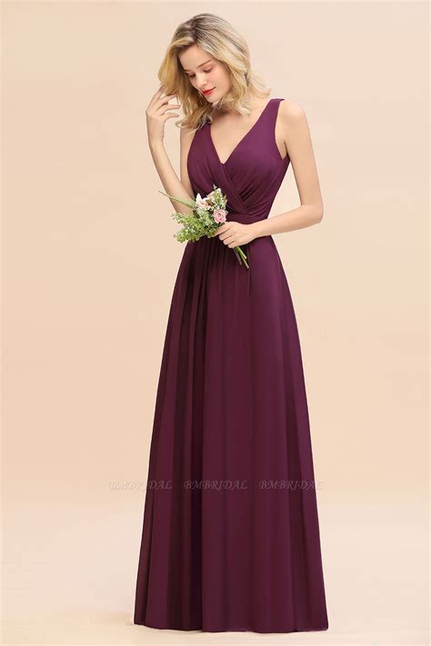 Bmbridal Affordable V Neck Ruffle Long Grape Chiffon Bridesmaid Dress