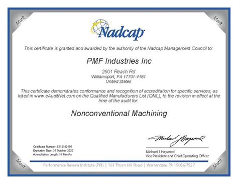 Nadcap Certifications Pmf Industries Inc