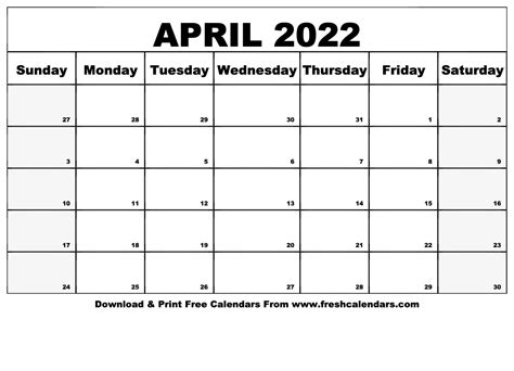 April Month Calendar 2022 Printable Graphics Calendar Template 2022