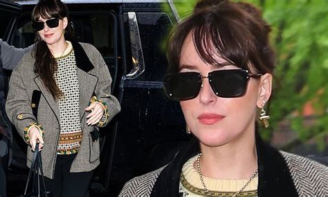 Dakota Johnson Looks Glam In A Patterned Blouse And Jacket In New York