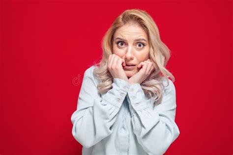 Worried Woman Nervous Girl Biting Her Fingernail Isolated On White