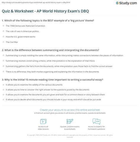 Quiz And Worksheet Ap World History Exams Dbq