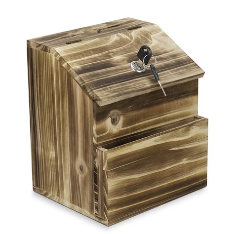 Flexzion Wooden Lockable Suggestion Box With Key Lock Lid Wall Mounted