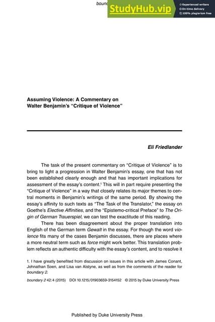 Assuming Violence A Commentary On Walter Benjamin S Critique Of Violence Pdf