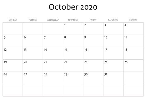 October 2020 Calendar Excel Calendar Template Free Printable