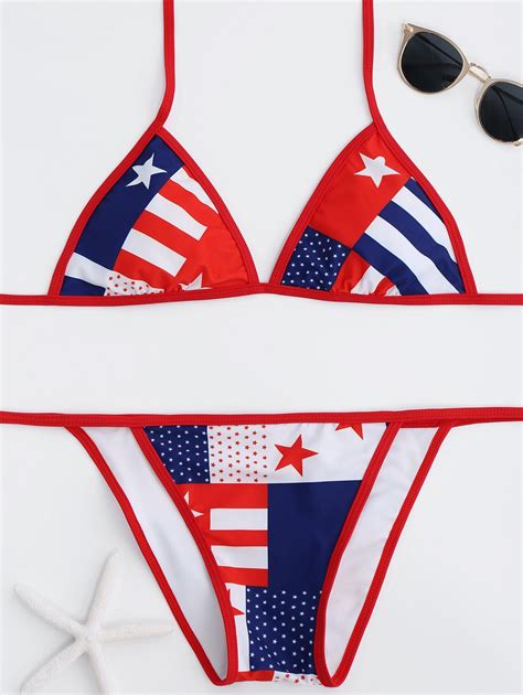 2018 Patriotic American Flag Halter String Bikini Set Redwhiteblue M