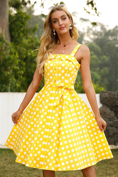 Zapaka Women Vintage Dress Yellow Polka Dots A Line Sleeveless 1950s