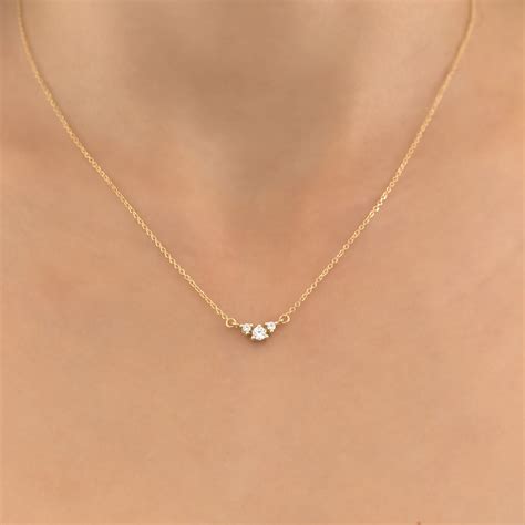 14k Gold Diamond Necklace Dainty Diamond Necklace Three Diamond