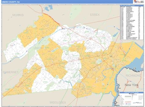 Union County New Jersey Zip Code Wall Map
