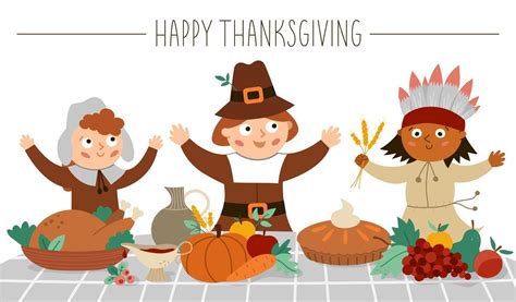 happy pilgrims and native american indian give thanks for the food thanksgiving day characters