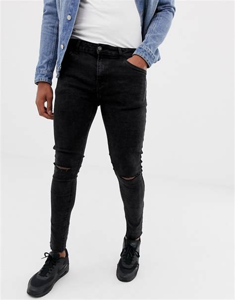 Bershka Super Skinny Jeans In Black Acid Wash With Knee Rips Asos